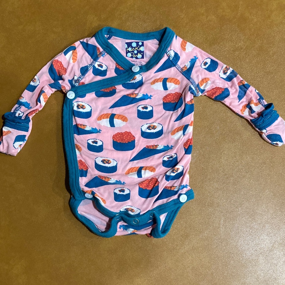 Kickee Pants Pink and Teal Blue Sushi Print Bodysuit EUC Preemie (4-7lbs)